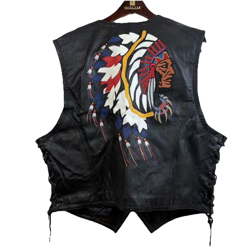Wilson's Black Leather Vest XL Native Chief Embroidered‎ Back Side Lace